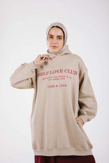 LONG EMBROIDERED HOODIE IN BEIGE