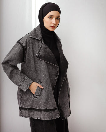 STRASS LONG DENIM JACKET GRAY