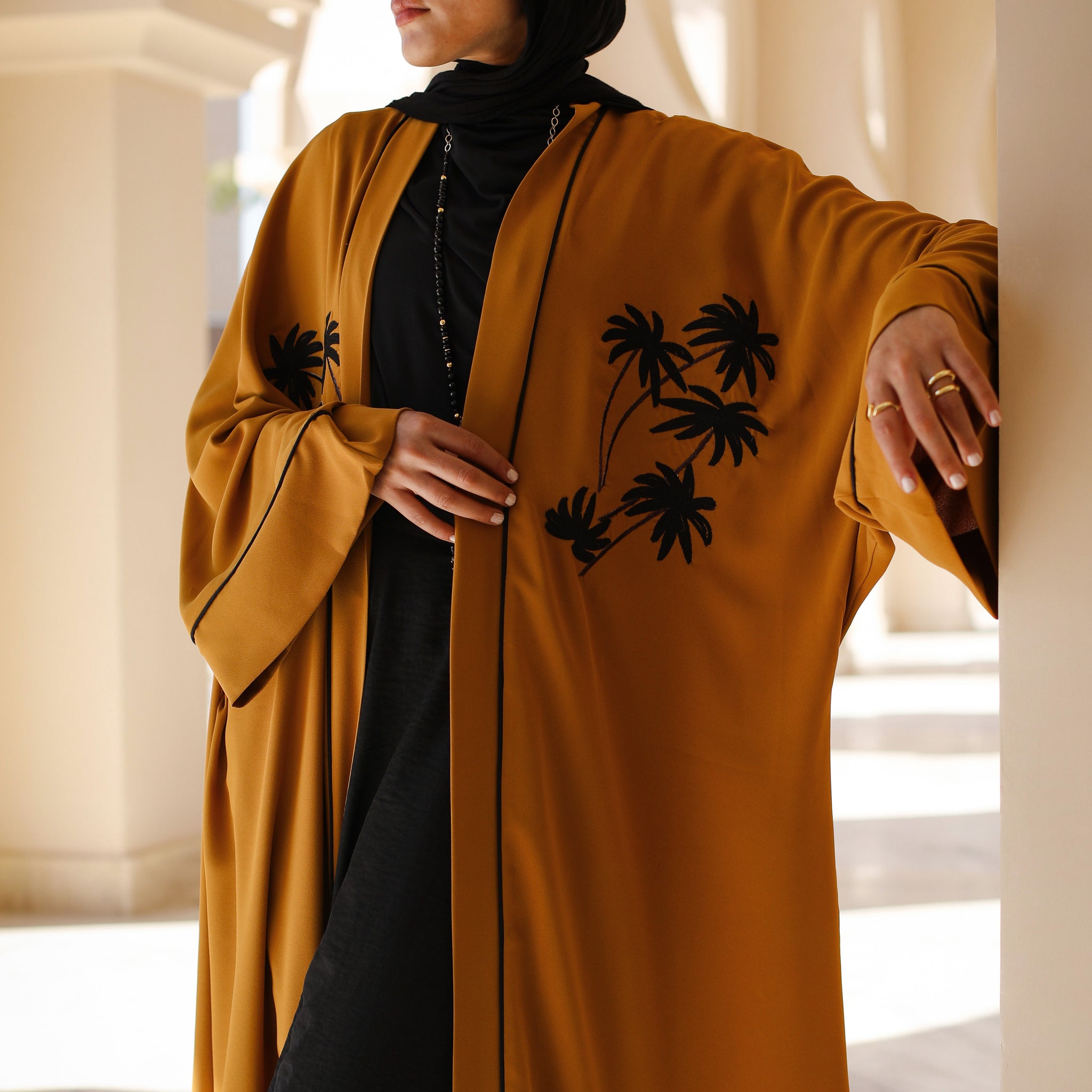 EMBROIDERED CREPE KAFTAN-MUSTARD