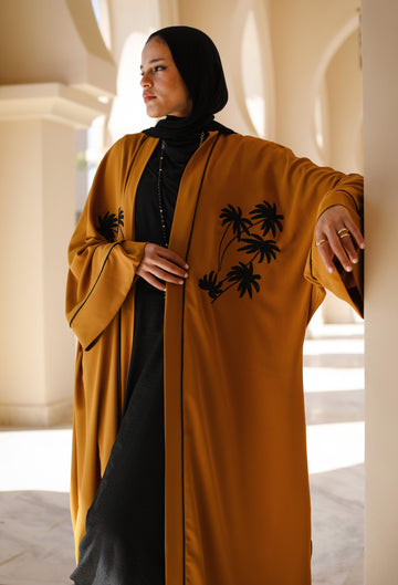 EMBROIDERED CREPE KAFTAN-MUSTARD