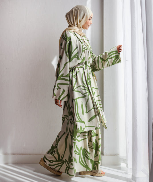 PRINTED LINEN WIDE LEG PANTS GREEN