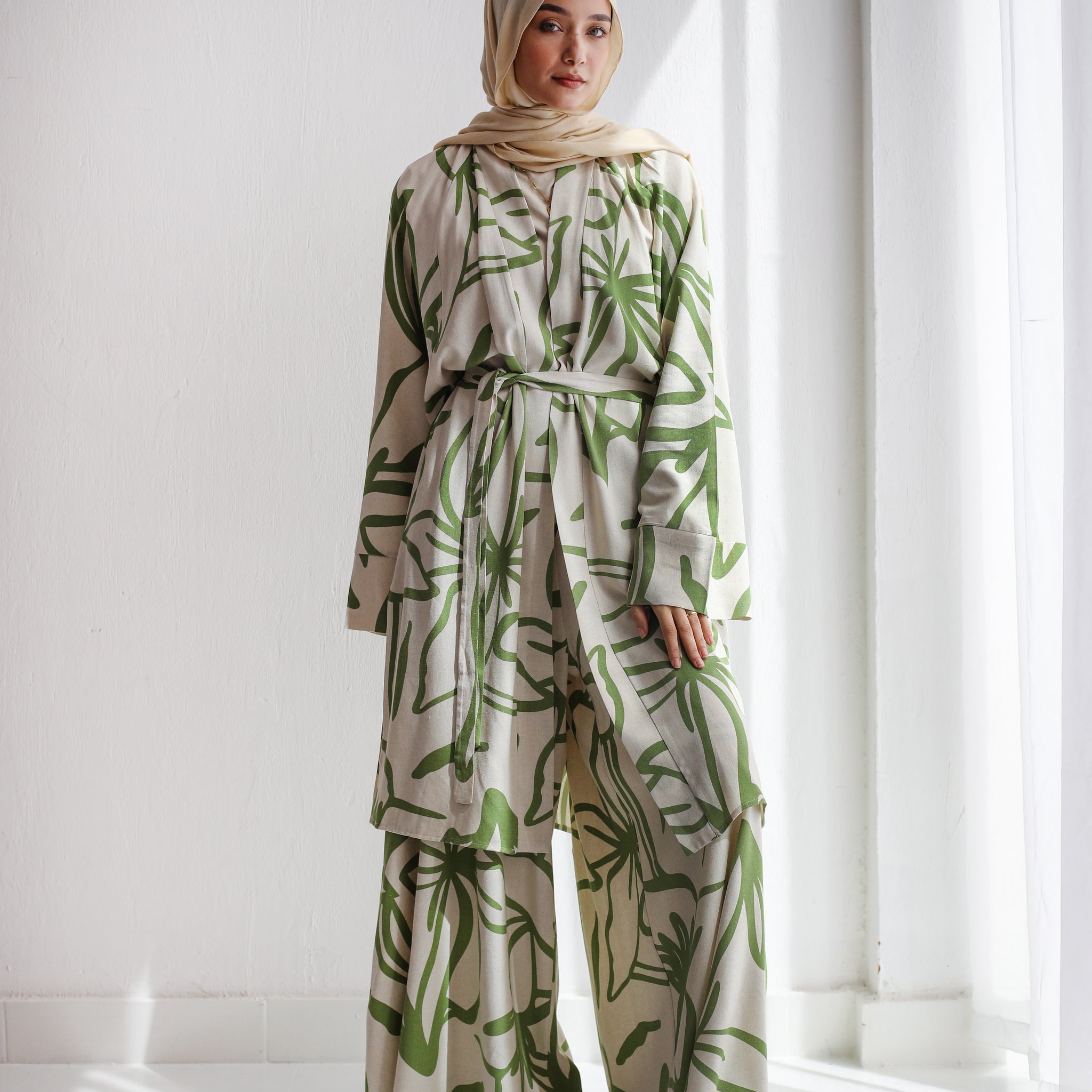 PRINTED LINEN WIDE LEG PANTS GREEN