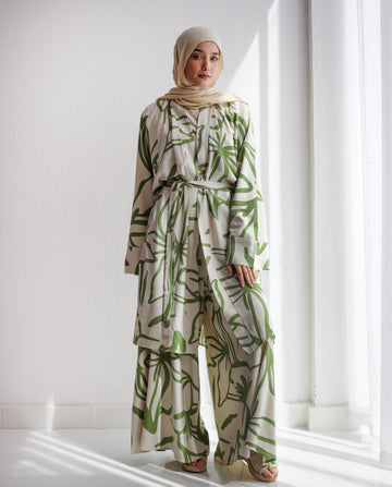 PRINTED LINEN WIDE LEG PANTS GREEN