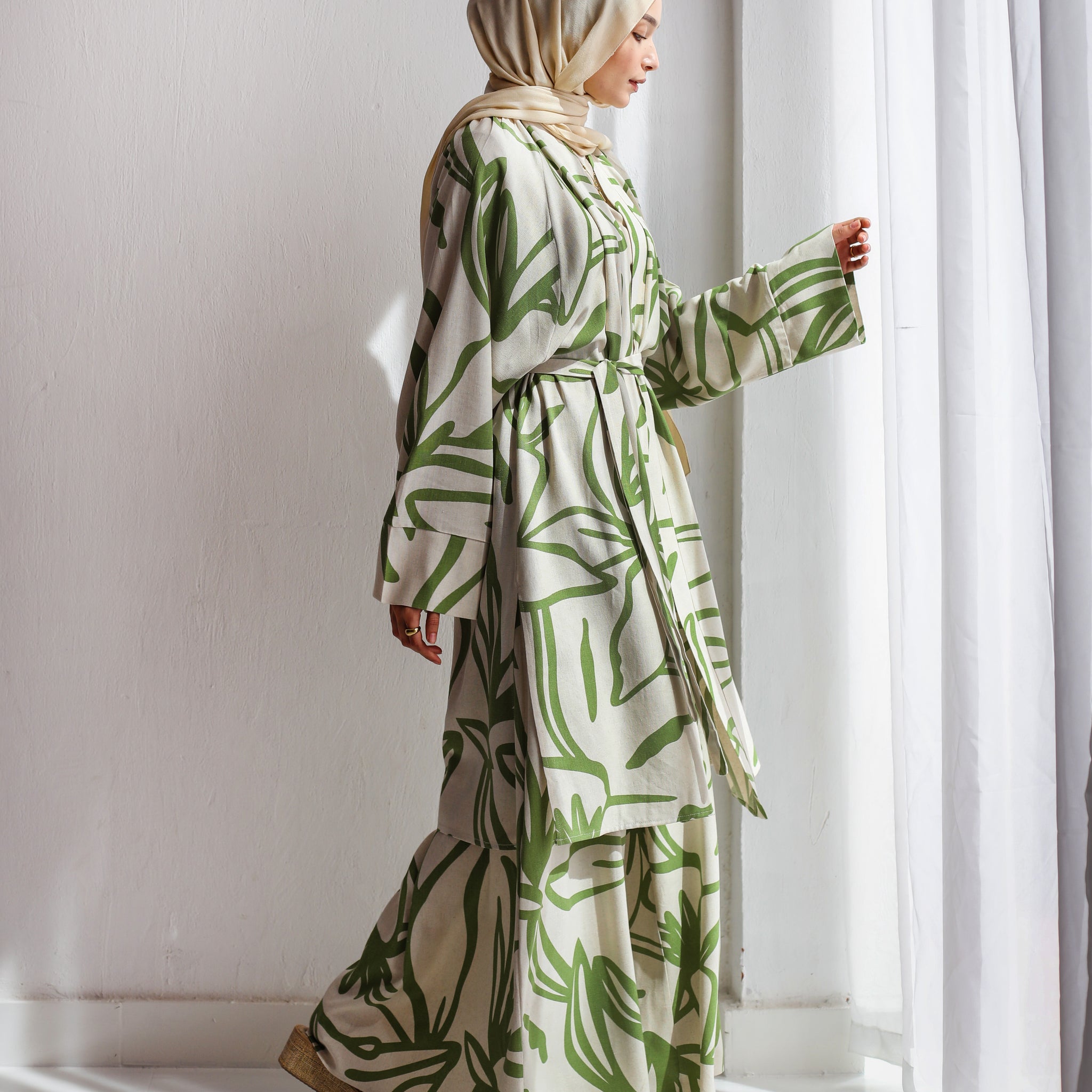 PRINTED LINEN KIMONO GREEN