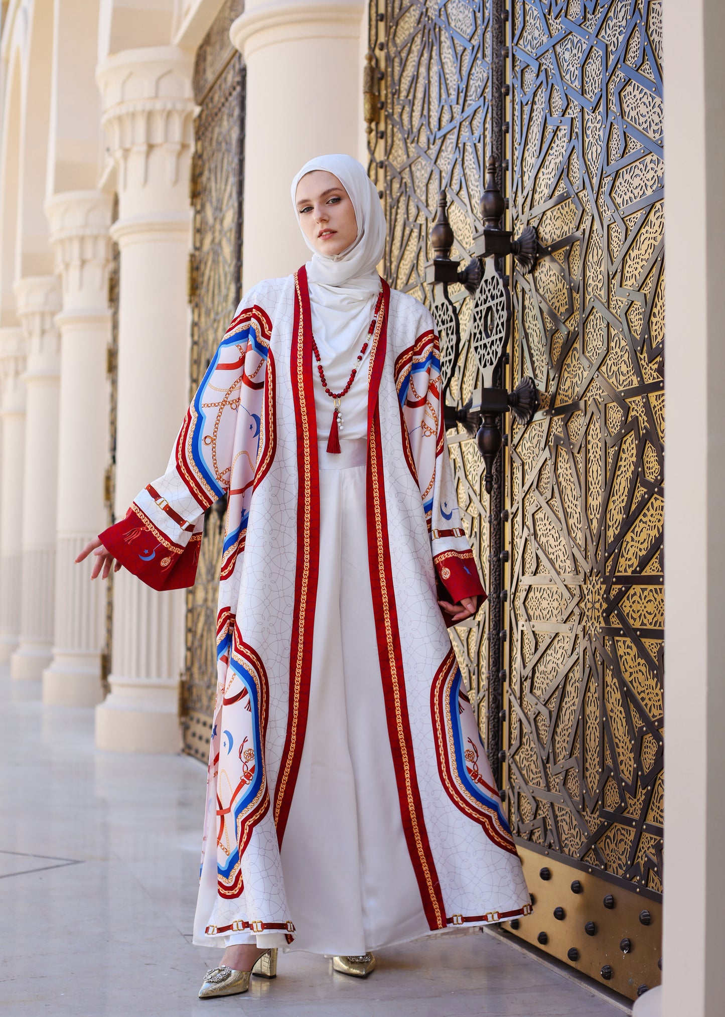 PRINTED SATIN KAFTAN-WHITE