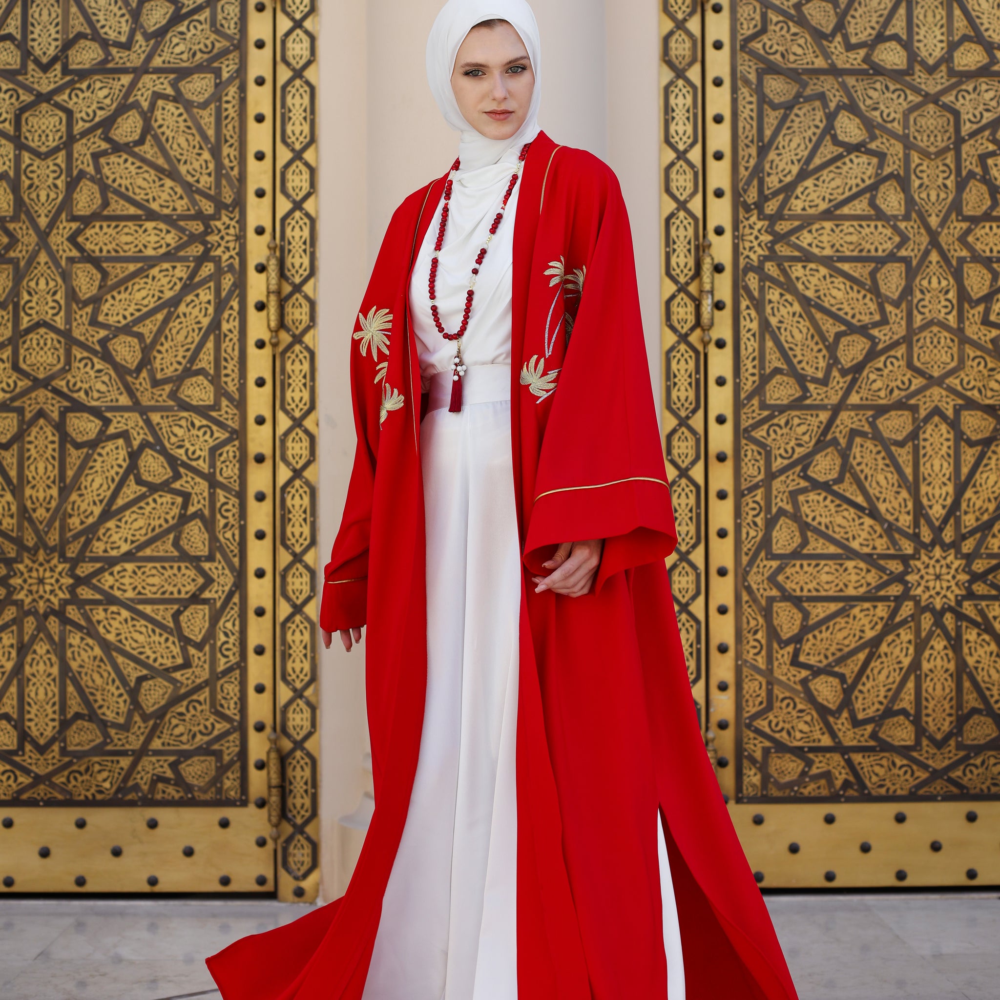 EMBROIDERED CREPE KAFTAN-RED